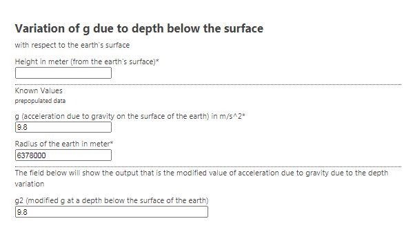 Online Calculator Link - to click this image link to go to the calculator page that helps to find out the value of acceleration due to gravity g at a depth below the surface. 