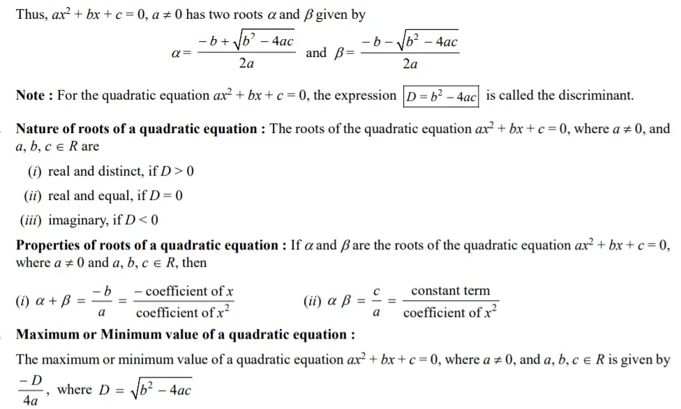 Formulas & Theory - Quadratic equation, roots, nature & properties of roots