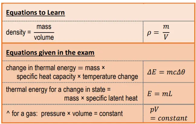 Equations to learn from Particle Model of Matter chapter of physics syllabus - AQA GCSE Physics 