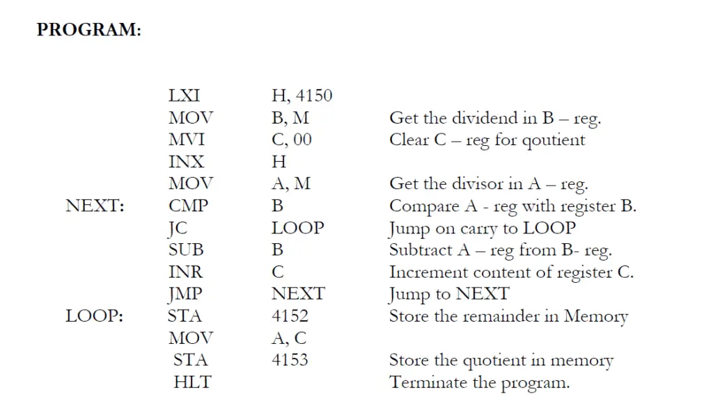 Program for Division of Two 8 bit Numbers using 8085