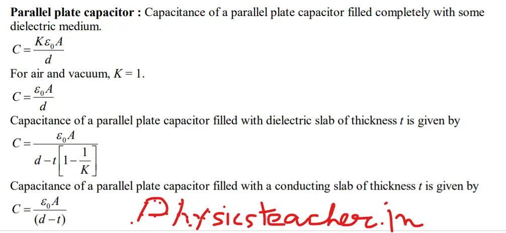 Capacitance formulas of Parallel plate capacitors