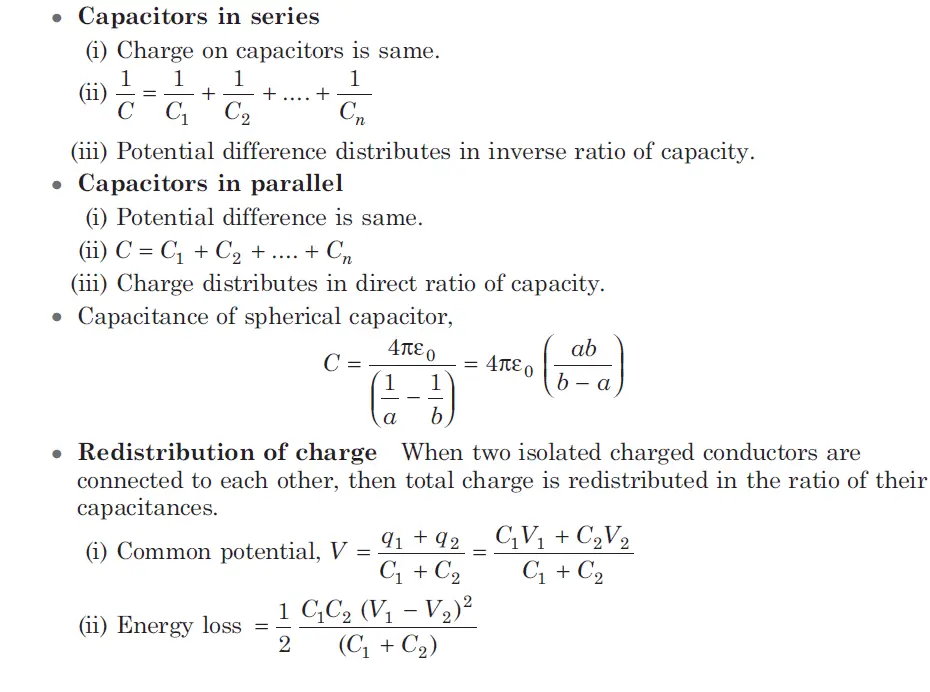 equivalent capacitors (series, parallel), redistribution of charge - formulas