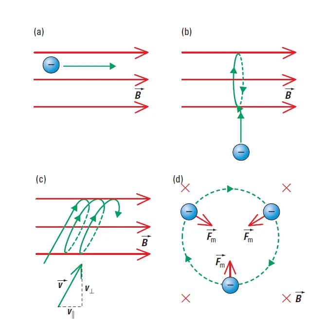 Path of a Charged Particle in a Uniform Magnetic Field - (a) When the charged particle’s velocity is parallel to the external magnetic field (B), the charged particle’s path is a straight line. (b) The charged particle’s motion is perpendicular to the magnetic field, so the particle is deflected in a circular arc. (c) The charged particle’s motion is at an angle to the magnetic field, so the particle follows a helical path. (d) This side view from the left shows the magnetic force acting as the centripetal force that causes the charge to follow a circular path.