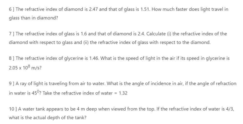 Refractive Index Numericals class 10 assignment part 2